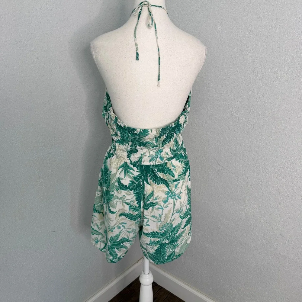 HM‎ Green White Tropical Palm Leaf Halter Romper Keyhole Smocked XL